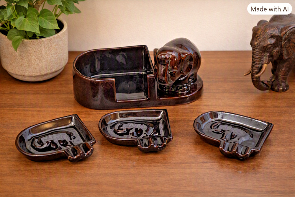 Vintage Occupied Japan Lucky Elephant Ashtray Set
